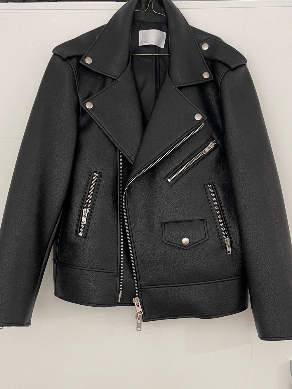 OAK + FORT Black Faux Leather Moto Jacket with Silver Hardware